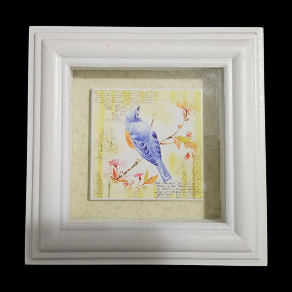 Pair White Framed Bird Wall Art Prints Bluebird Goldfinch Cottage Farmhouse Deco - Picture 2 of 5